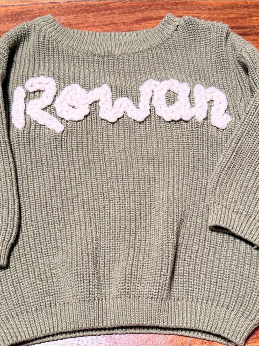 Olive Knit Sweater with Cream Script